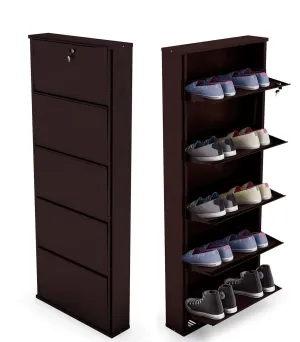 FLIPZON Alloy Steel 5 Door Shoe Rack 21" for Home | Holds upto 12 Pairs | Wall Mounted | Space Saver | Rust Free | Sturdy and Durable | Chappal/Slipper Stand | Metal Shoe Cabinet (Brown)