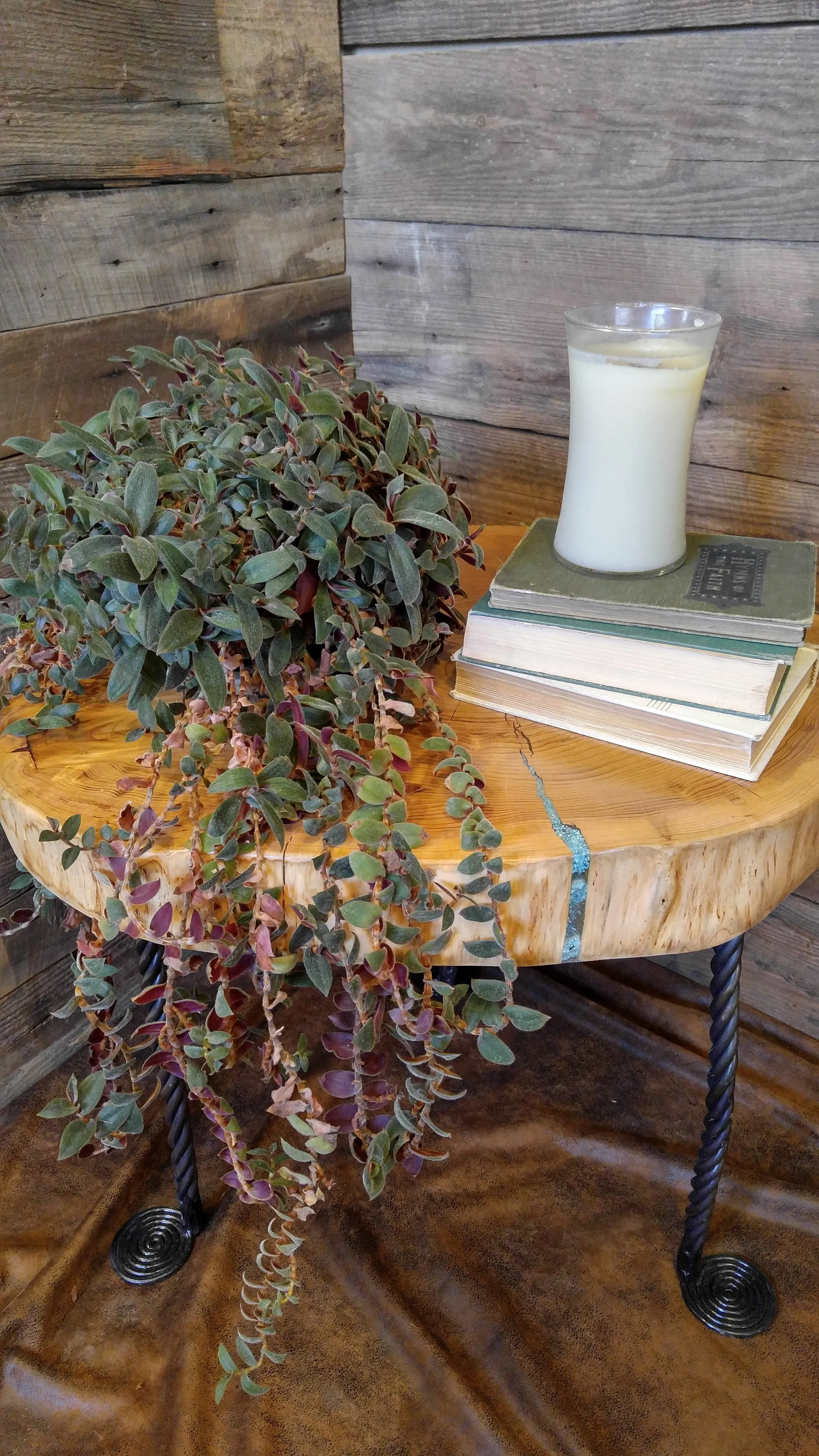 Handmade Deodar Cedar Accent Table Featuring Hand-Forged Steel Legs With Spiral Feet