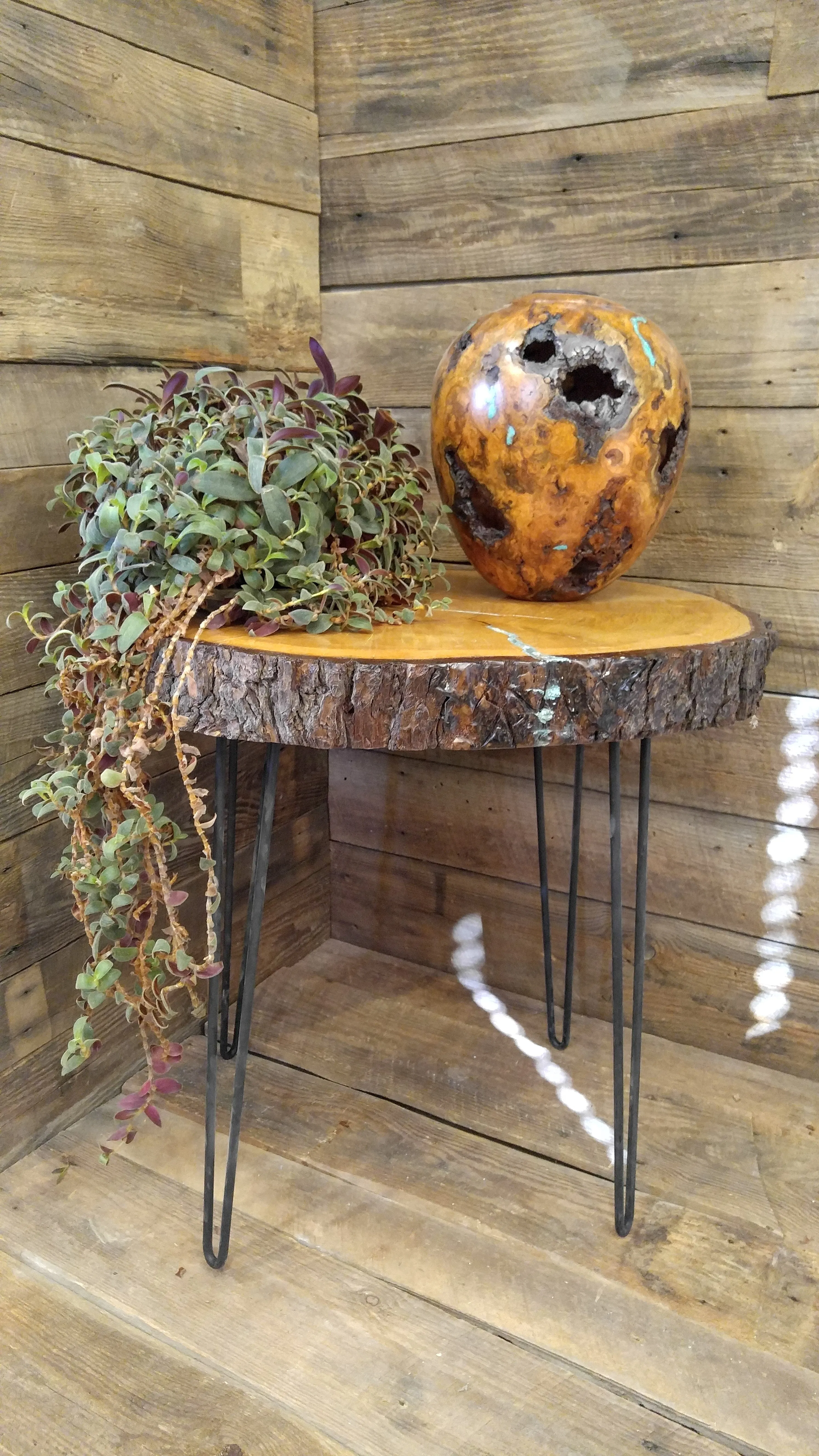 Handmade Deodar Cedar Accent Table with Live Edge Bark and Steel Pin Legs