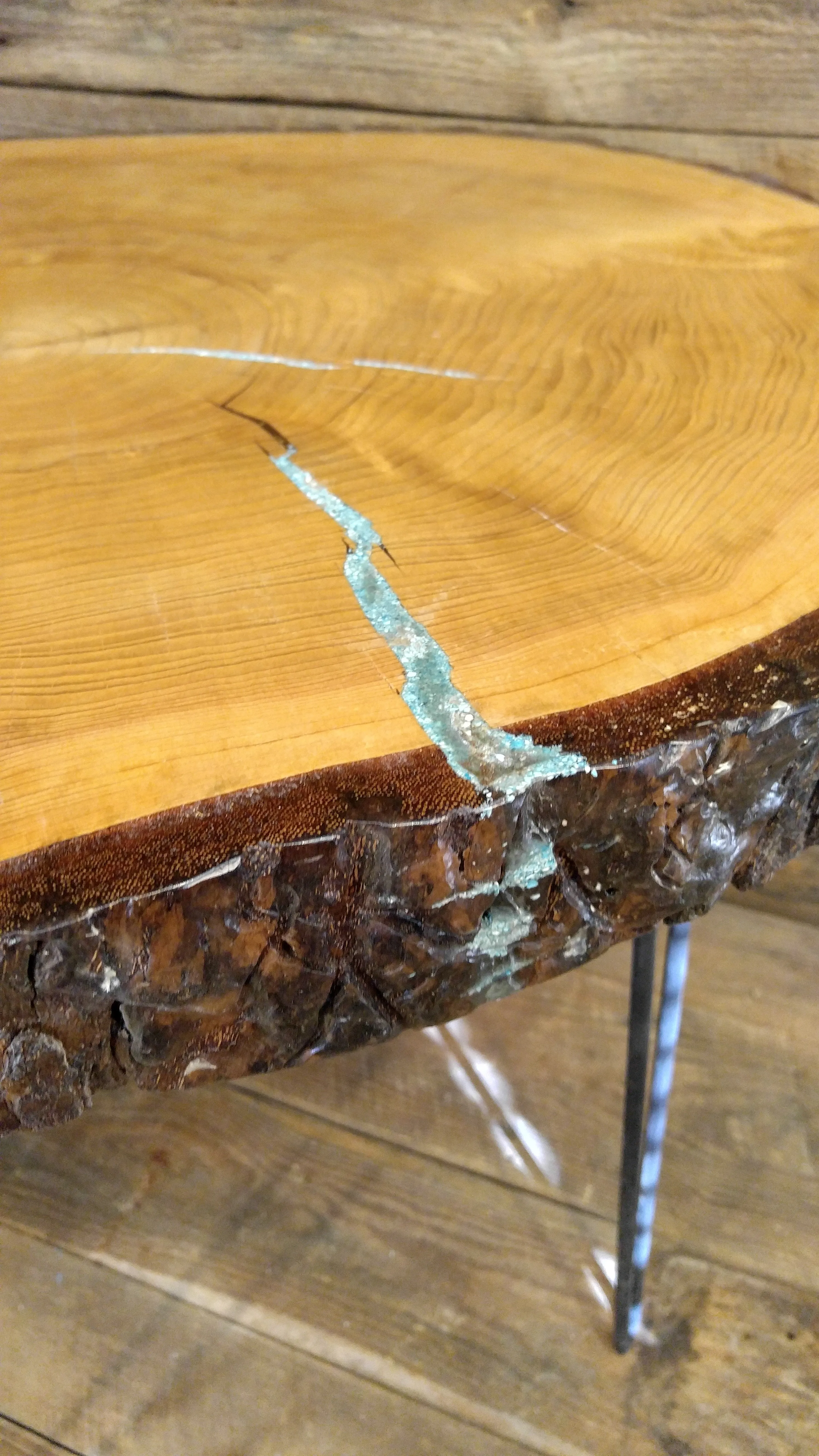 Handmade Deodar Cedar Accent Table with Live Edge Bark and Steel Pin Legs