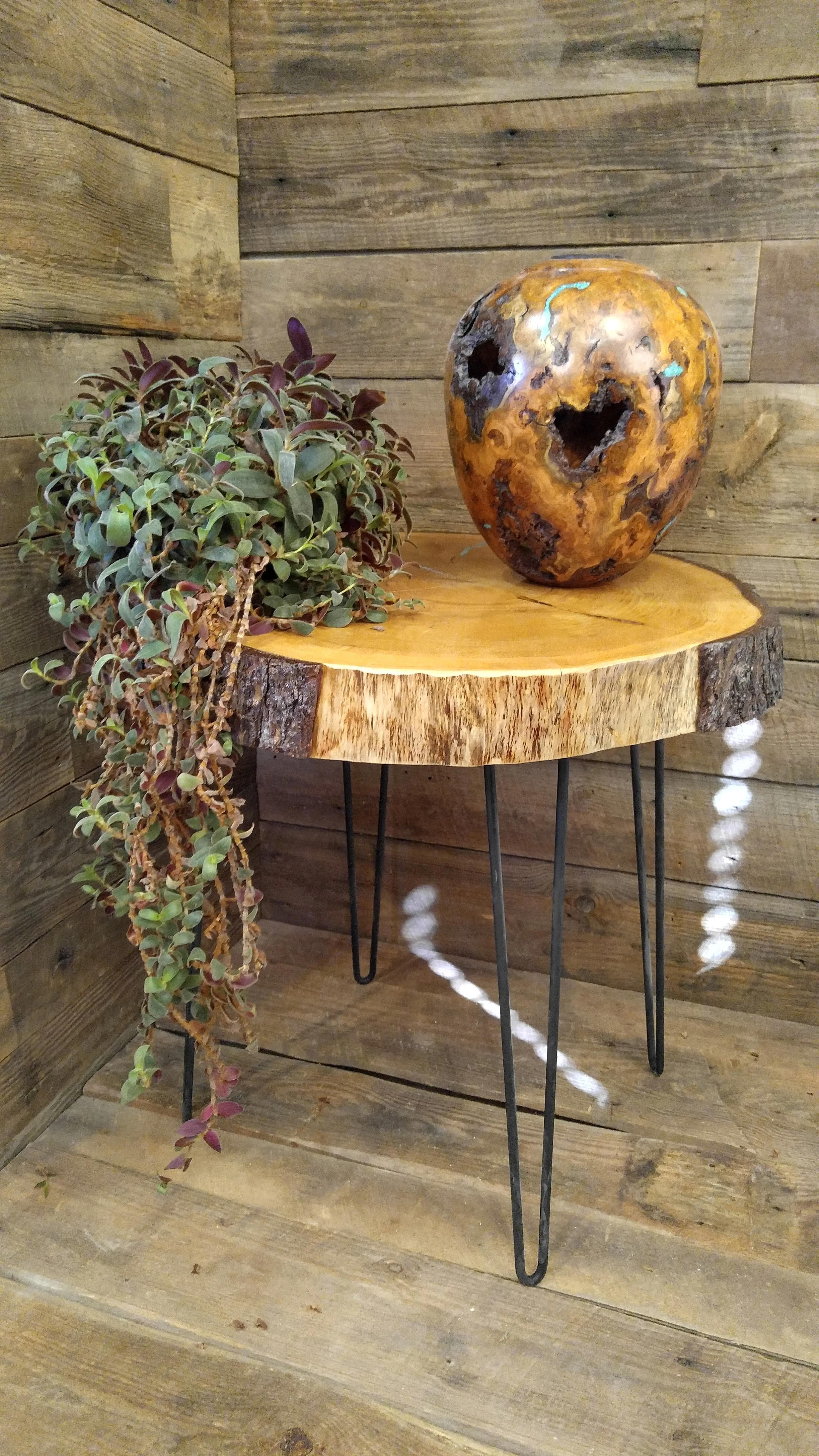 Handmade Deodar Cedar Accent Table with Live Edge Bark and Steel Pin Legs