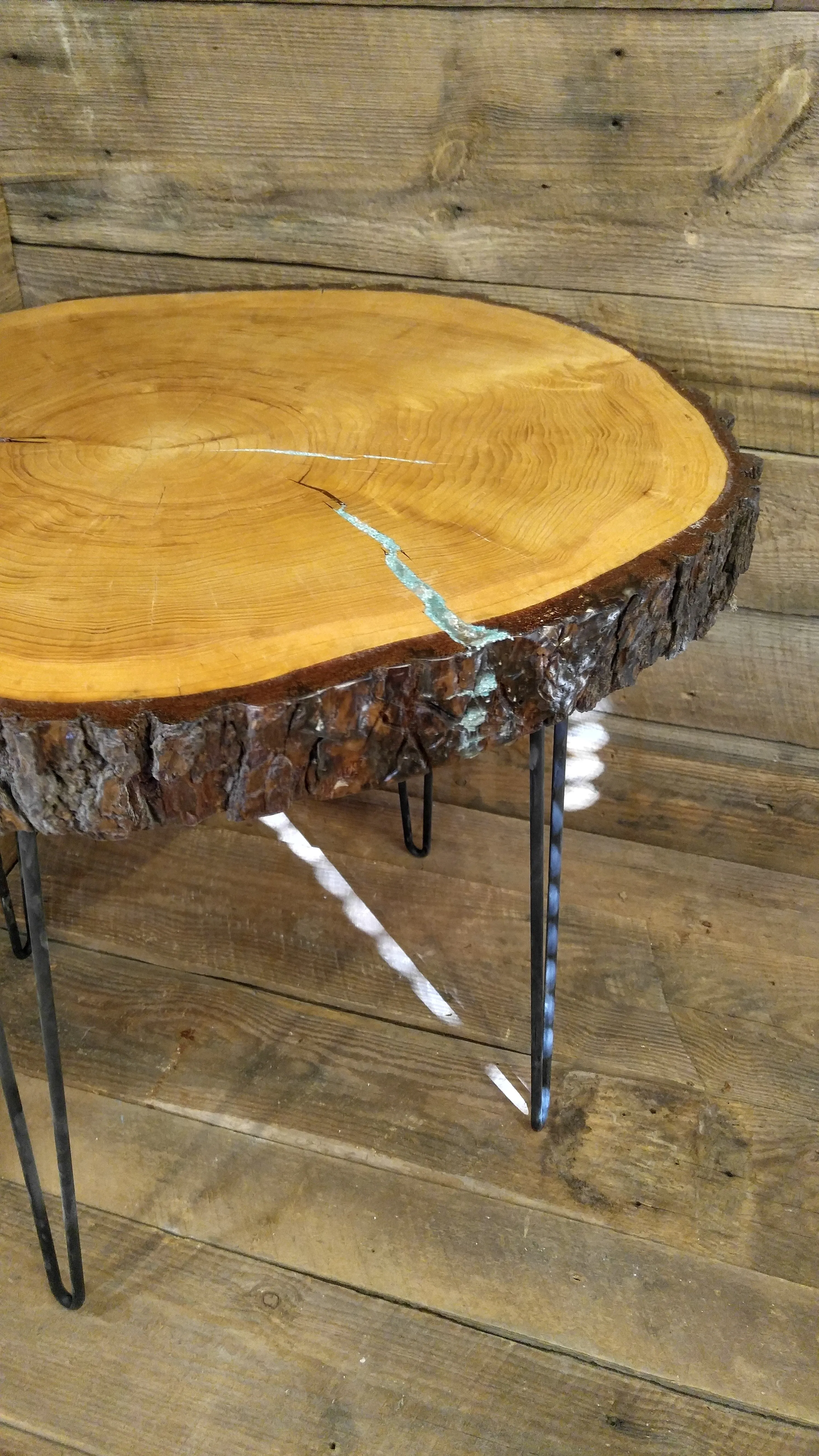 Handmade Deodar Cedar Accent Table with Live Edge Bark and Steel Pin Legs