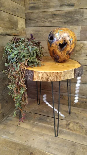 Handmade Deodar Cedar Accent Table with Live Edge Bark and Steel Pin Legs