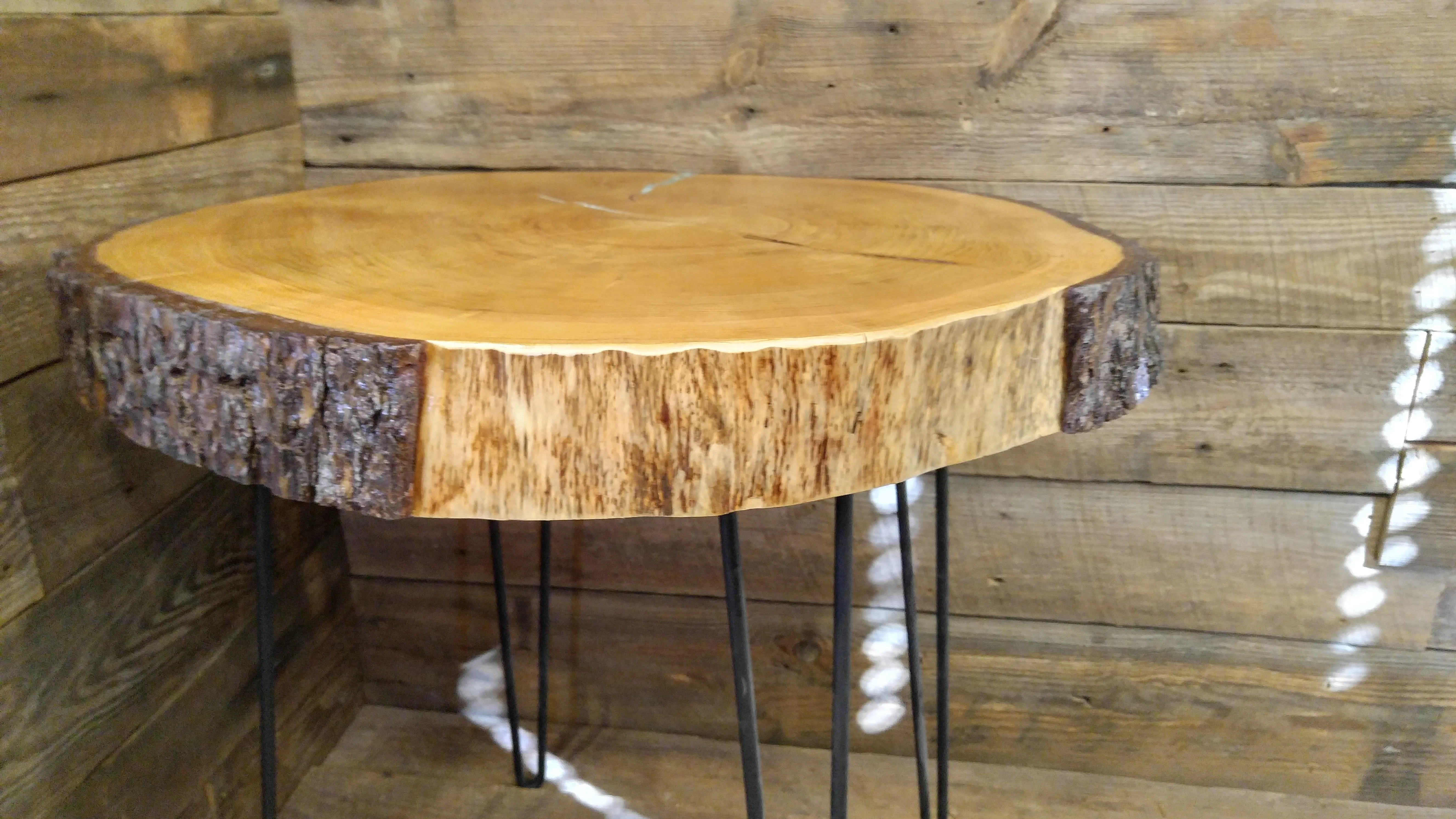 Handmade Deodar Cedar Accent Table with Live Edge Bark and Steel Pin Legs