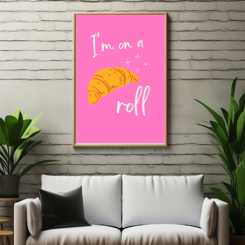 I'm On A Roll Croissant Pink Wall Art PRINTABLE ART, Preppy Decor, Croissant Drawing, Bright Pink Wall Art, Pop Culture Wall Art, Food Art