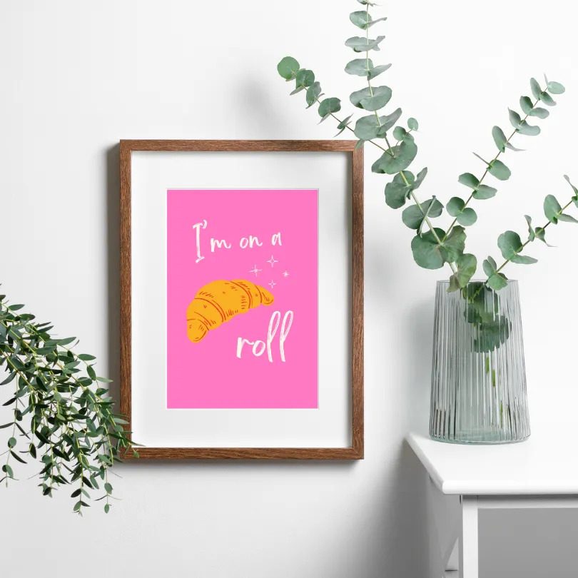 I'm On A Roll Croissant Pink Wall Art PRINTABLE ART, Preppy Decor, Croissant Drawing, Bright Pink Wall Art, Pop Culture Wall Art, Food Art