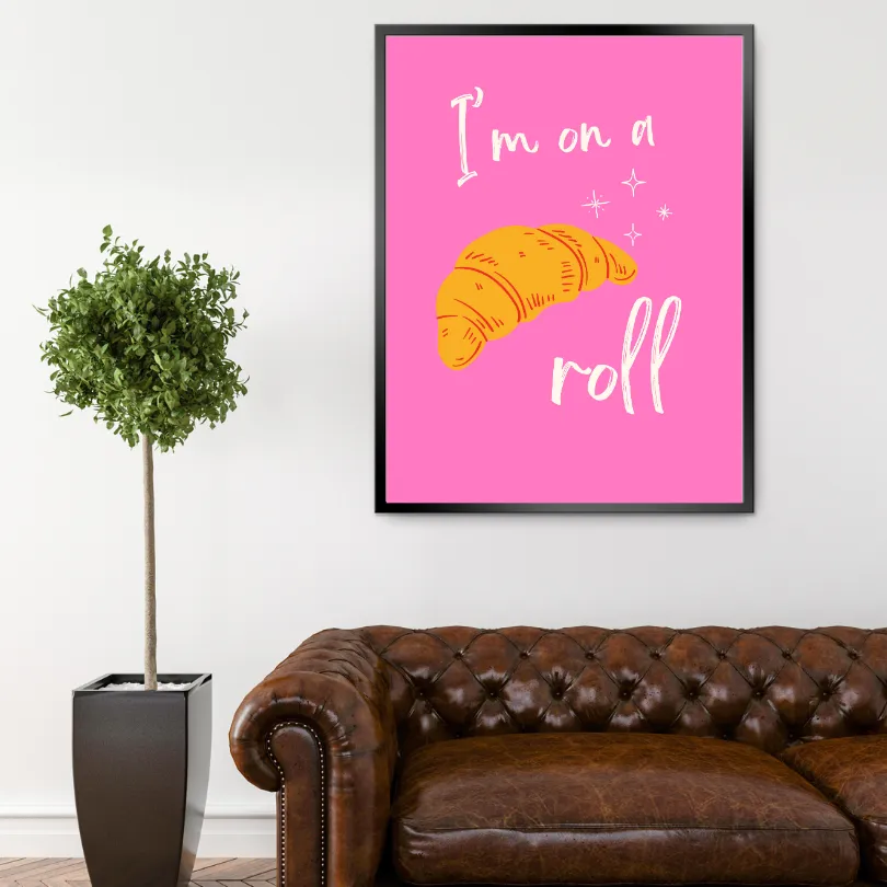 I'm On A Roll Croissant Pink Wall Art PRINTABLE ART, Preppy Decor, Croissant Drawing, Bright Pink Wall Art, Pop Culture Wall Art, Food Art