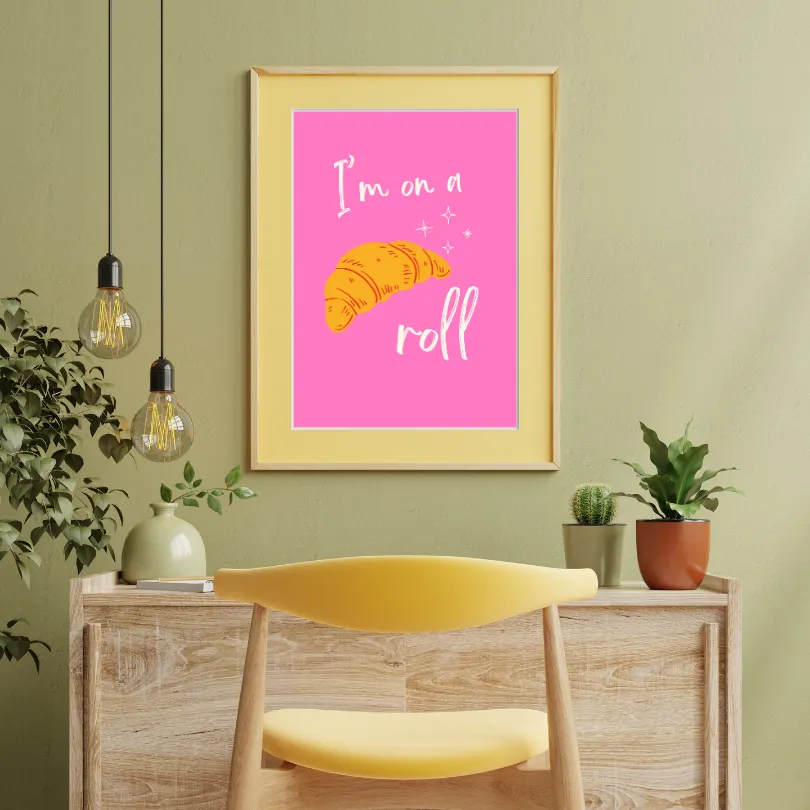 I'm On A Roll Croissant Pink Wall Art PRINTABLE ART, Preppy Decor, Croissant Drawing, Bright Pink Wall Art, Pop Culture Wall Art, Food Art