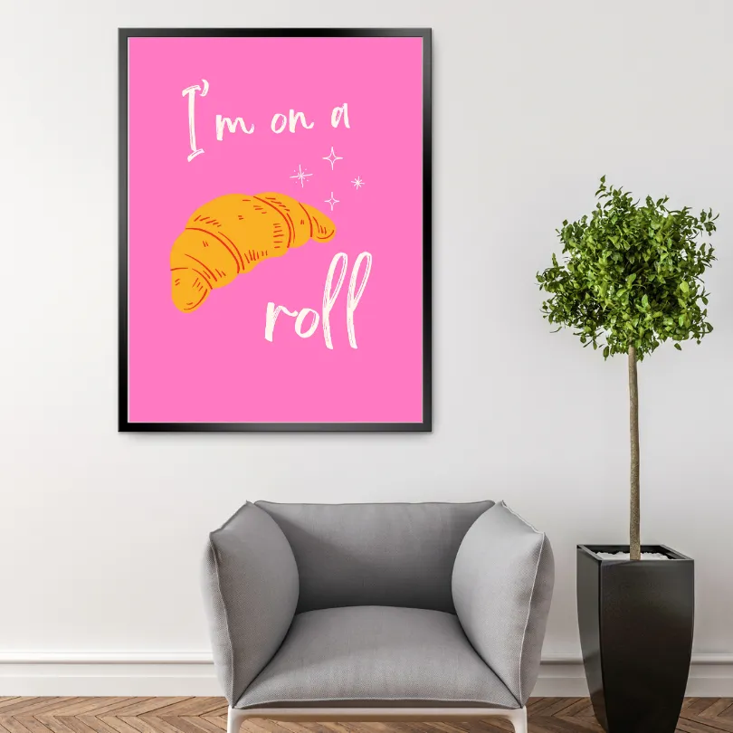 I'm On A Roll Croissant Pink Wall Art PRINTABLE ART, Preppy Decor, Croissant Drawing, Bright Pink Wall Art, Pop Culture Wall Art, Food Art