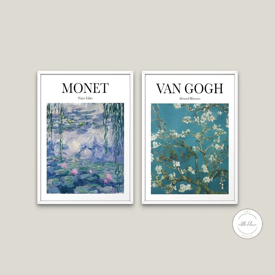 Monet Van Gogh Set Of 2 PRINTABLE ART, Museum Poster Prints, Almond Blossom Water Lilies, Monet Exhibition Poster, Van Gogh Print, Botanical Wall Art