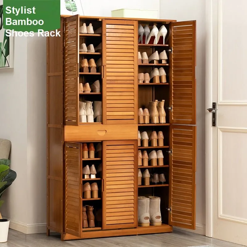 Multi Tier Bamboo Large Capacity Storage Shelf Shoe Rack Cabinet 4/6 Doors   1 Drawer