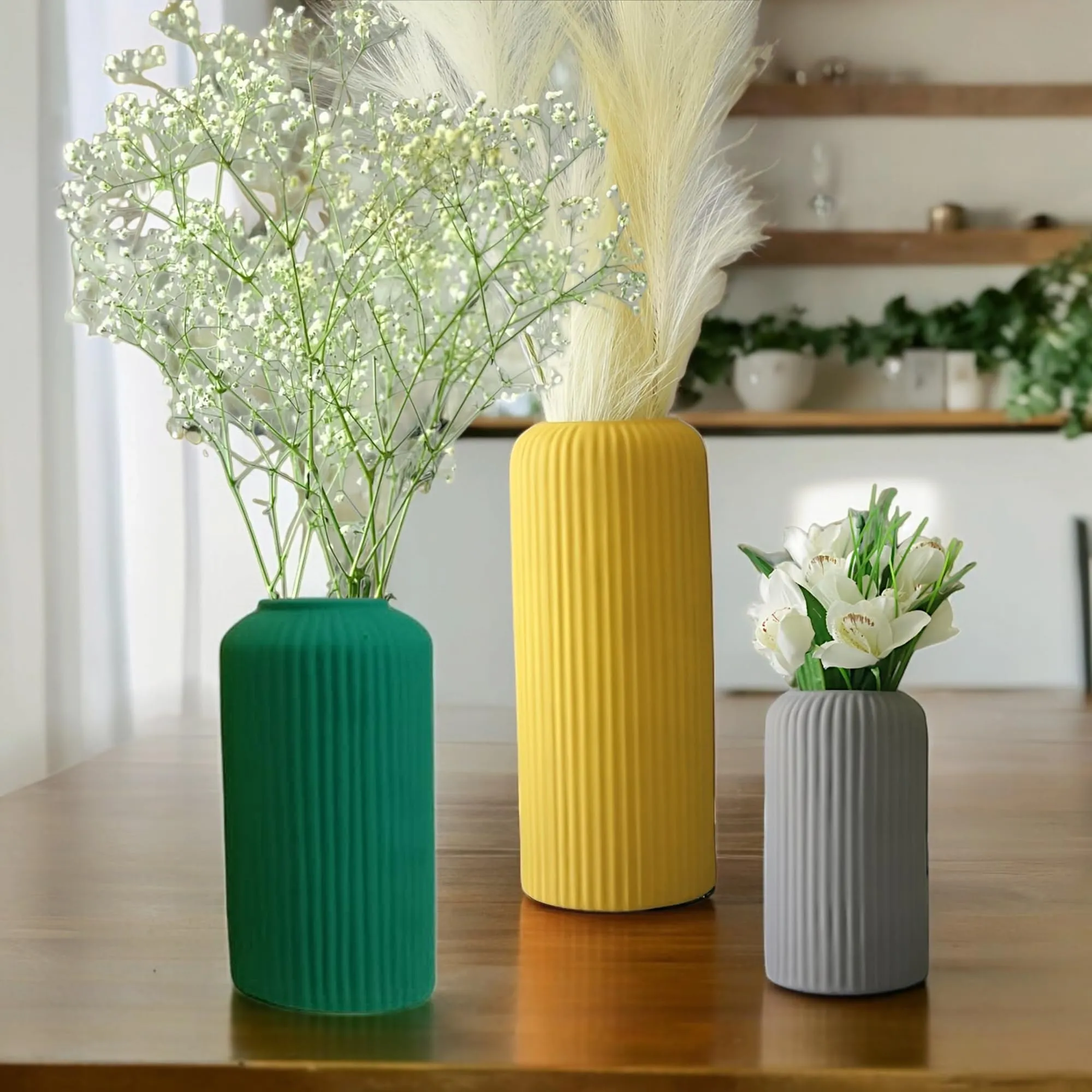 NEELAYA Premium Ribbed Ceramic Flower Vase for Living Room - Decorative Showpiece Plant Vases for Home Decor, Bedroom, Gift - Matte Finish - Set of 3 (23 cm, 20.5 cm, 15.3 cm - Yellow, Green, Grey)