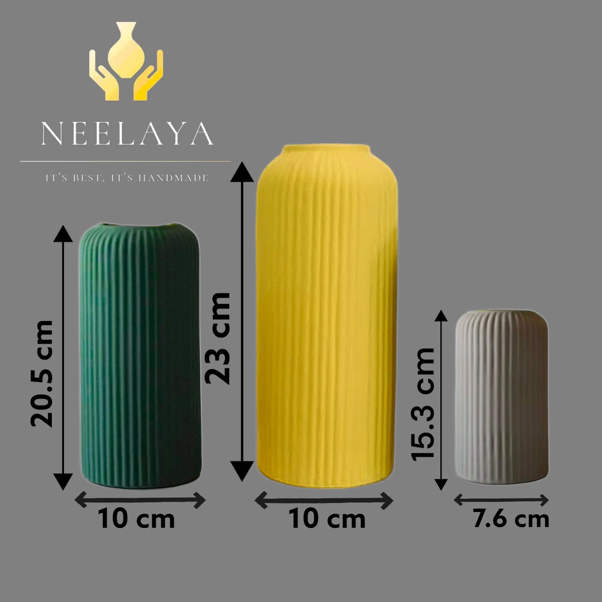 NEELAYA Premium Ribbed Ceramic Flower Vase for Living Room - Decorative Showpiece Plant Vases for Home Decor, Bedroom, Gift - Matte Finish - Set of 3 (23 cm, 20.5 cm, 15.3 cm - Yellow, Green, Grey)