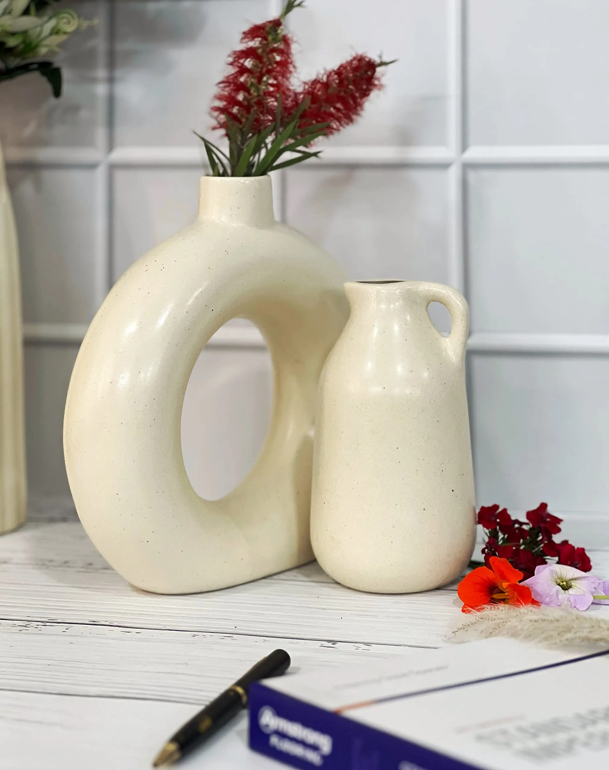 Praahi Lifestyle Premium Ceramic Off White Vases Set of 3, Ceramic flower Pot and vase for Modern Home Decor, Living Room, Bedroom, Dining Table |10" Ribbed Vase, 9" Donut Vase, 7" Milkjar Vase