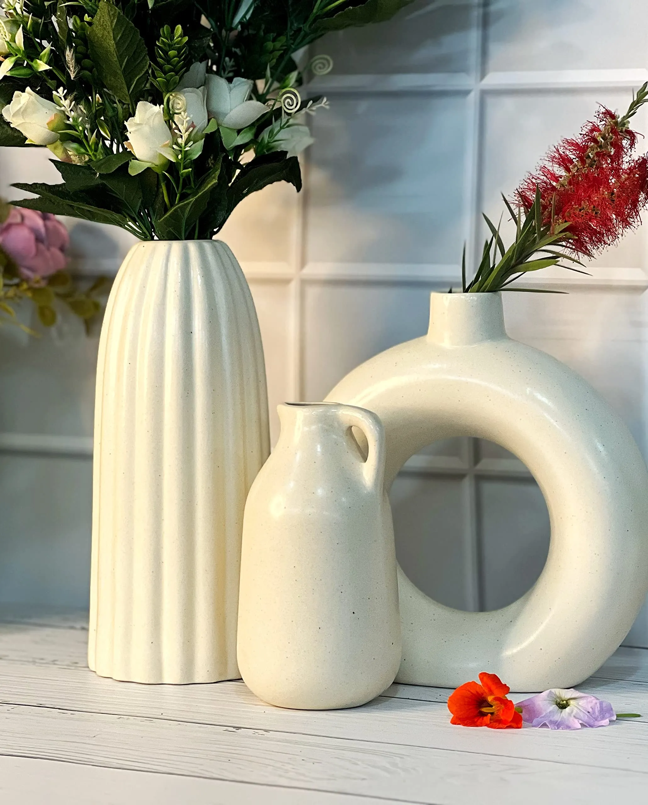 Praahi Lifestyle Premium Ceramic Off White Vases Set of 3, Ceramic flower Pot and vase for Modern Home Decor, Living Room, Bedroom, Dining Table |10" Ribbed Vase, 9" Donut Vase, 7" Milkjar Vase