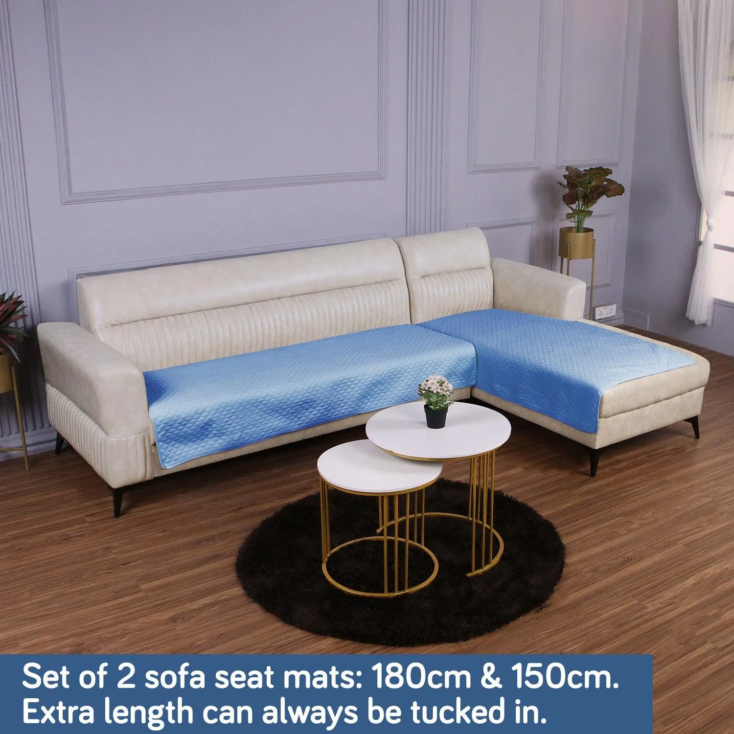 Quilted Sofa Mat Set for 3 Seater and 2 Seater Sofa (L Type), Blue