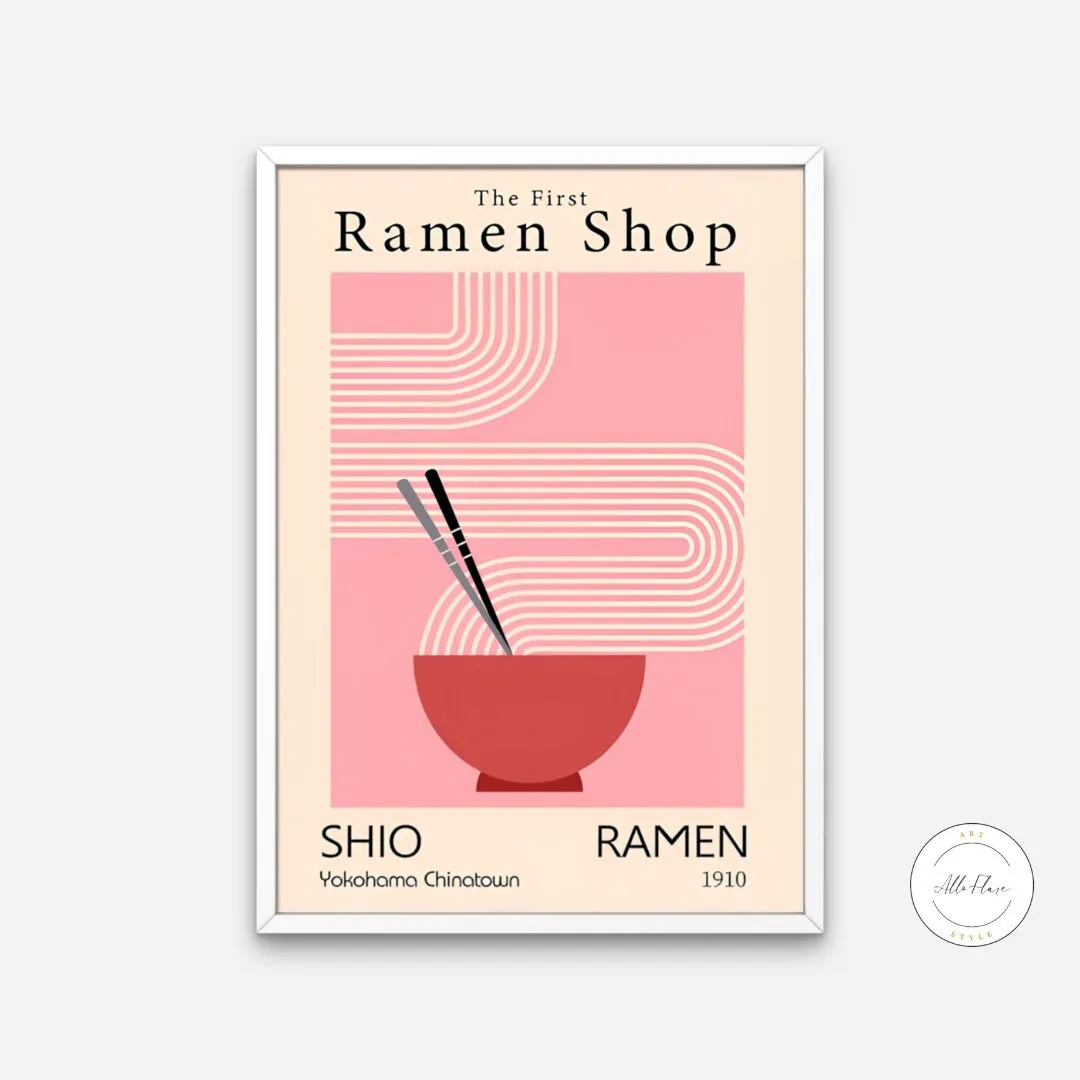 Retro Japanese Ramen Art PRINTABLE ART, Vintage Wall Art, Japanese Food Posters For Wall, Abstract Aesthetic, Vintage Boho Line Art Print, Pink Ramen Picture