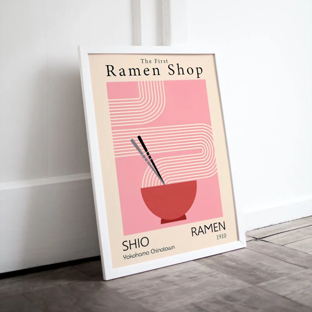 Retro Japanese Ramen Art PRINTABLE ART, Vintage Wall Art, Japanese Food Posters For Wall, Abstract Aesthetic, Vintage Boho Line Art Print, Pink Ramen Picture