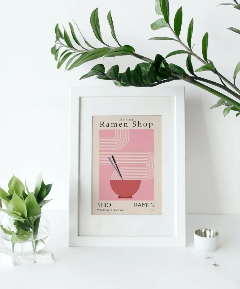 Retro Japanese Ramen Art PRINTABLE ART, Vintage Wall Art, Japanese Food Posters For Wall, Abstract Aesthetic, Vintage Boho Line Art Print, Pink Ramen Picture