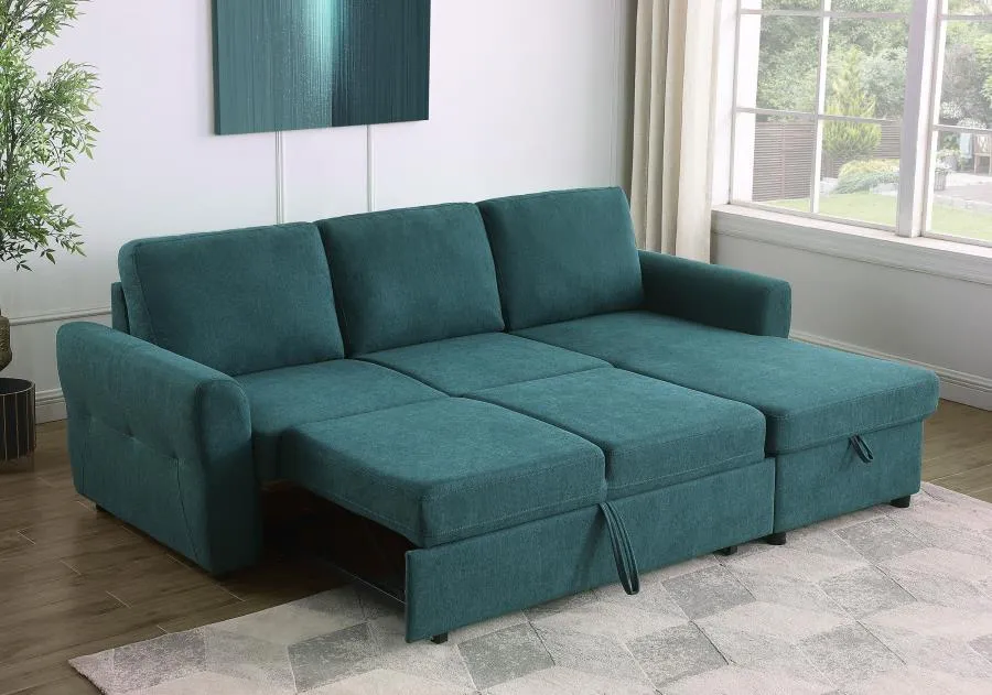 Samantha Upholstered Sleeper Sofa Sectional with Storage Chaise Teal Blue