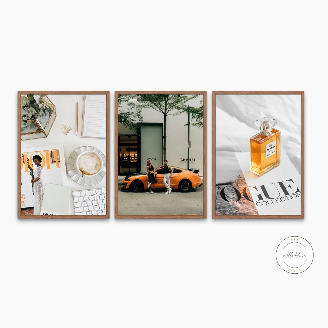 Set Of 3 Orange White Luxury Fashion Posters INSTANT DOWNLOAD Art Prints, Hypebeast, Glam Décor, Luxury Car Perfume Vogue