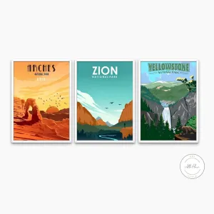 Set Of 3 Vintage National Park Posters PRINTABLE ART, Yellowstone Zion Arches, American National Park Wall Art, Vintage Travel Posters, Nature Wall Art