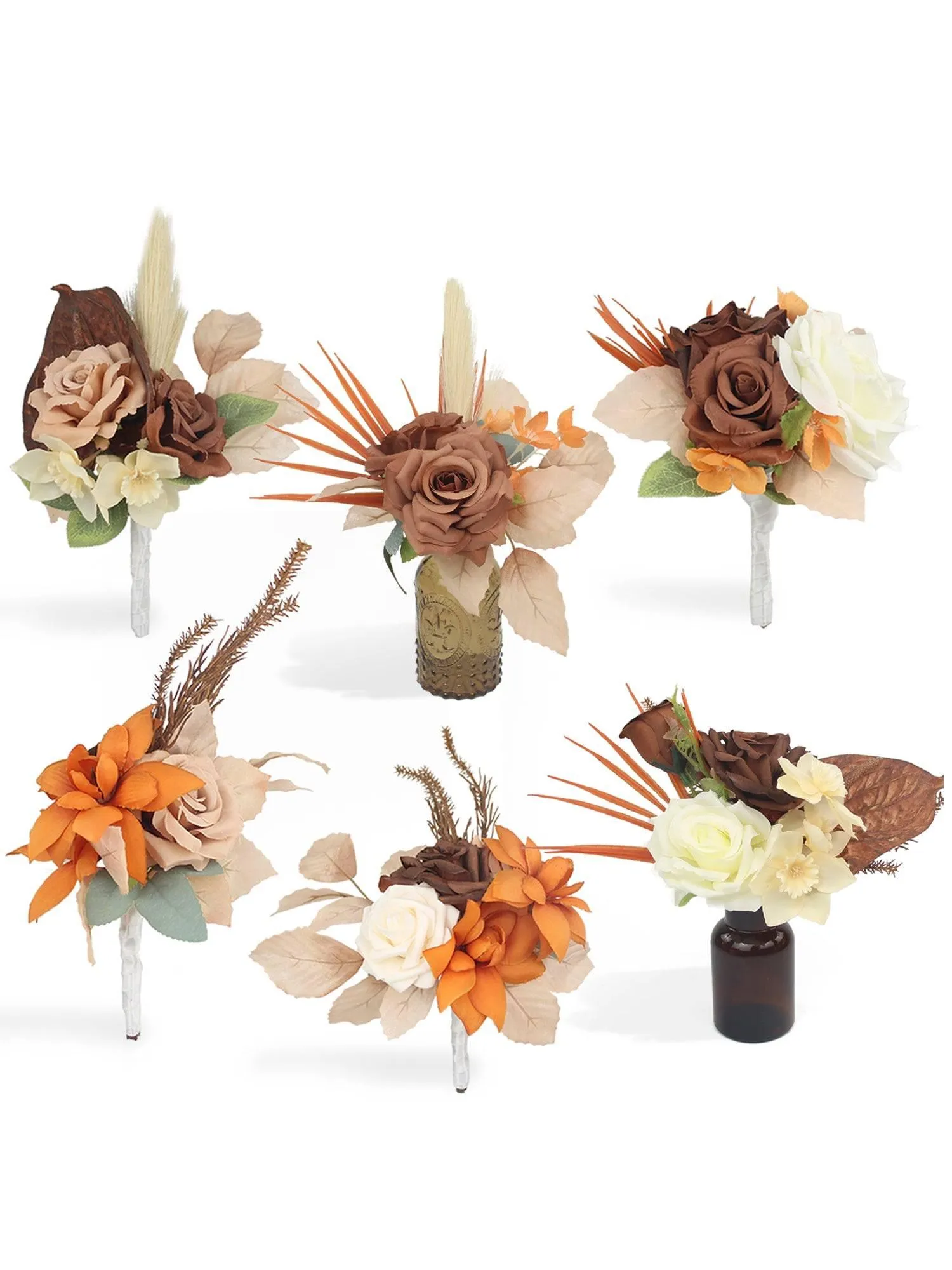 Set of 6 Rustic Brown Flower Centerpieces in Amber Vases