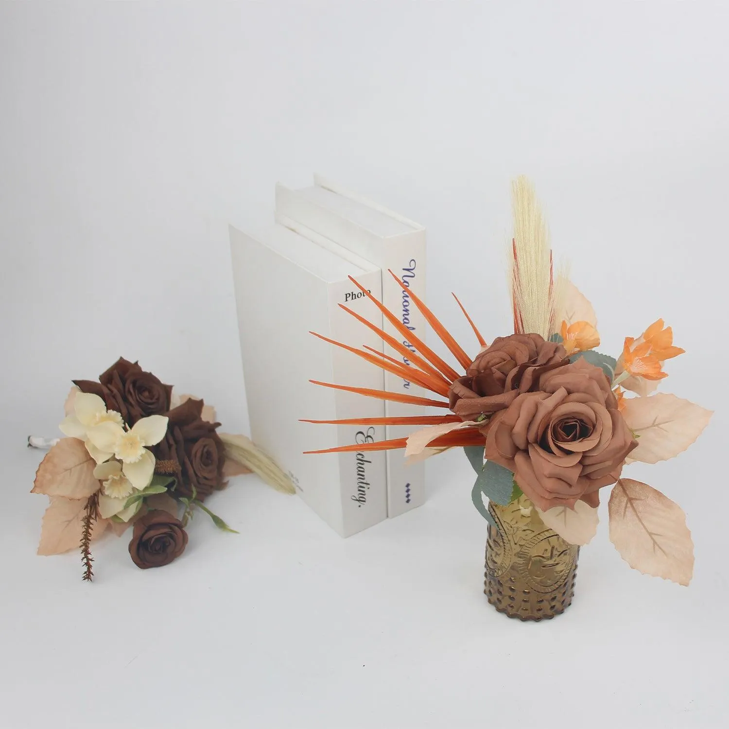 Set of 6 Rustic Brown Flower Centerpieces in Amber Vases