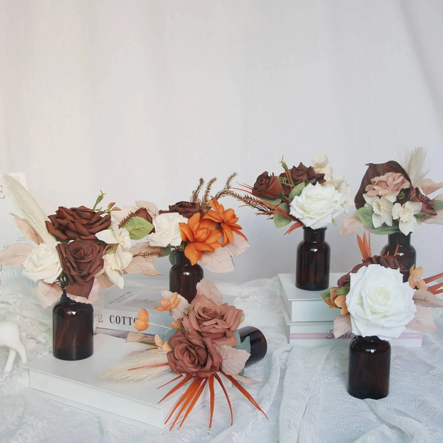 Set of 6 Rustic Brown Flower Centerpieces in Amber Vases