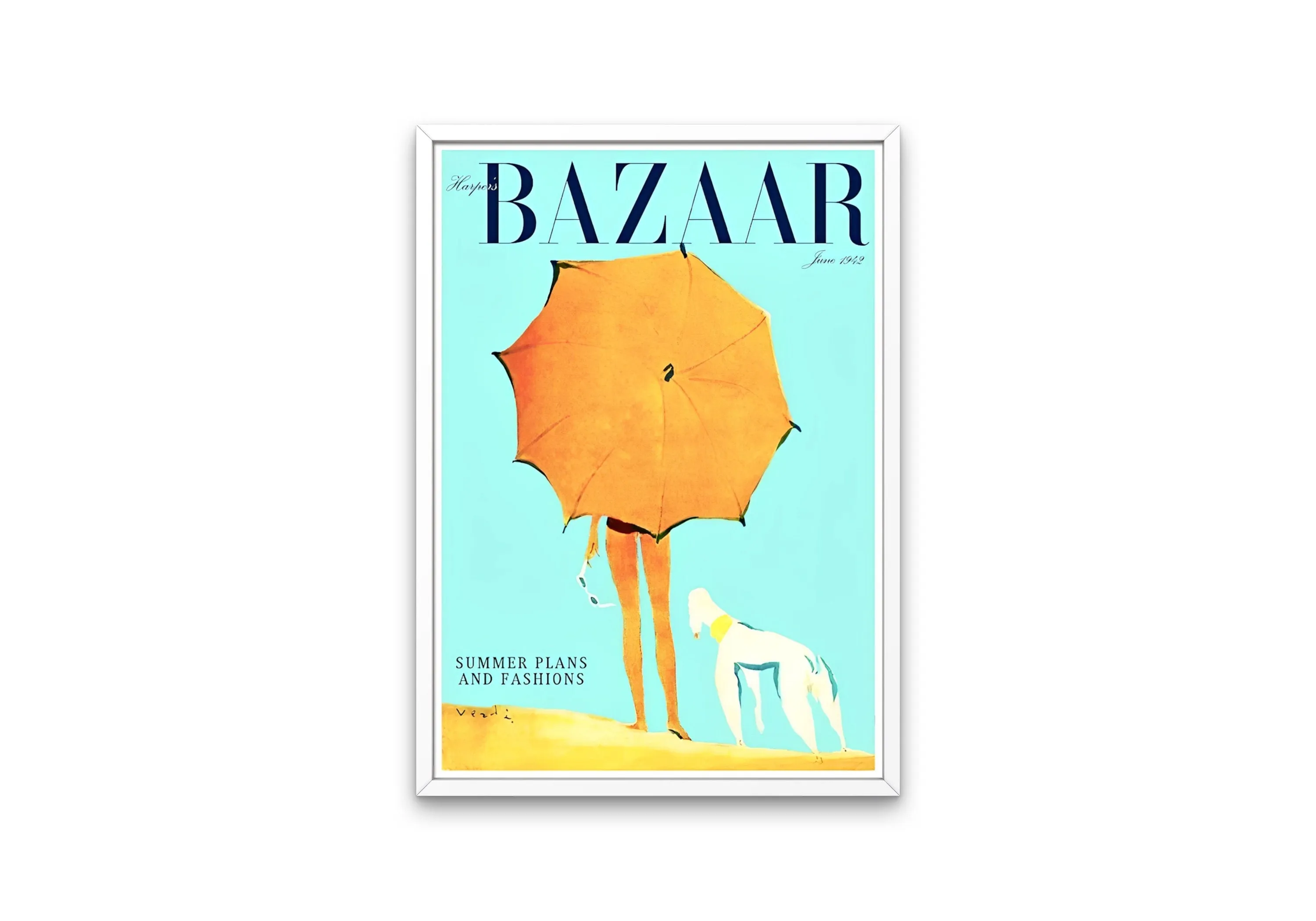 Summer Seaside Vintage Bazaar Cover June 1942 PRINTABLE ART, Vintage Wall Art, Yellow Umbrella Dog, Fashion Poster, Retro Magazine Posters