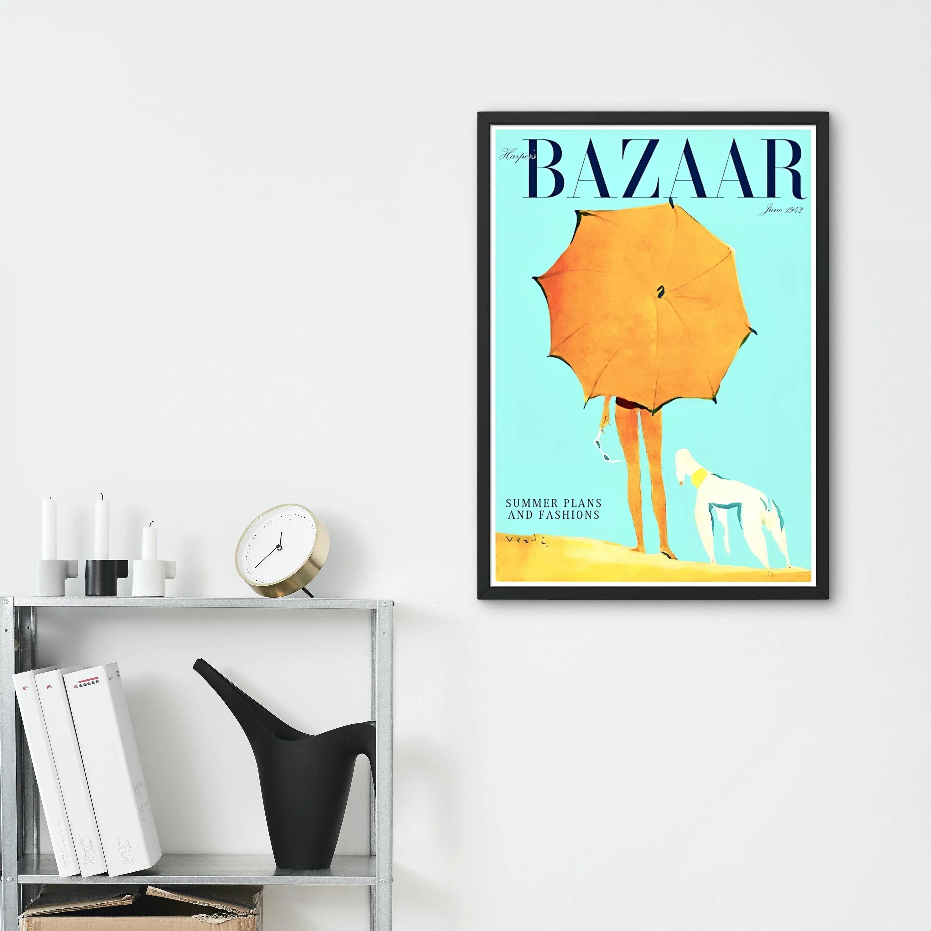 Summer Seaside Vintage Bazaar Cover June 1942 PRINTABLE ART, Vintage Wall Art, Yellow Umbrella Dog, Fashion Poster, Retro Magazine Posters