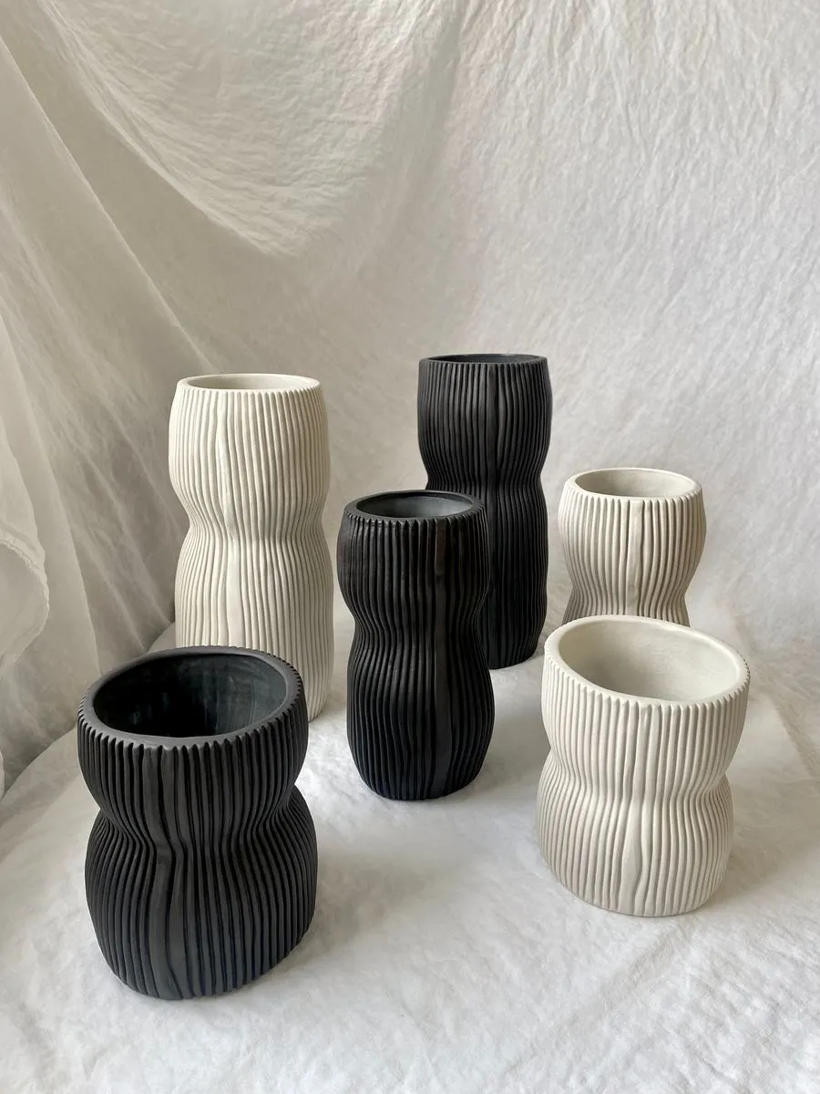 Textured Organic Porcelain Vase in Black, Small Wide