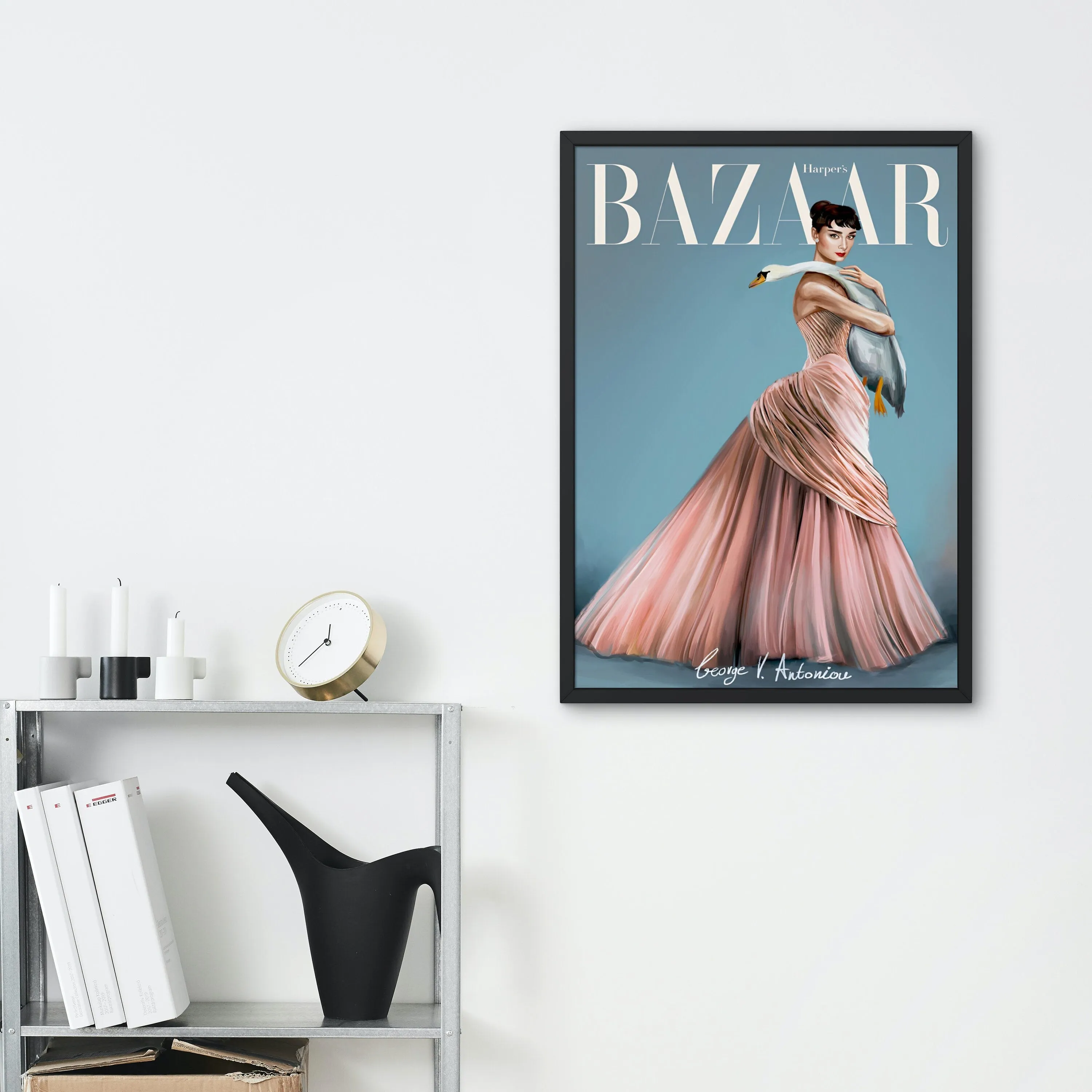 Vintage Bazaar Cover PRINTABLE ART, Audrey Hepburn Swam, Vintage Magazine Cover, Glamour Art, Fashion Wall Art, Retro Magazine Posters, Pastel