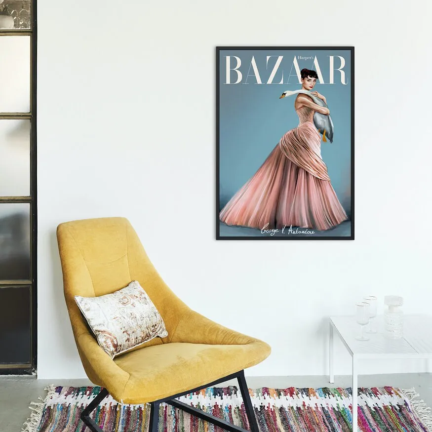 Vintage Bazaar Cover PRINTABLE ART, Audrey Hepburn Swam, Vintage Magazine Cover, Glamour Art, Fashion Wall Art, Retro Magazine Posters, Pastel