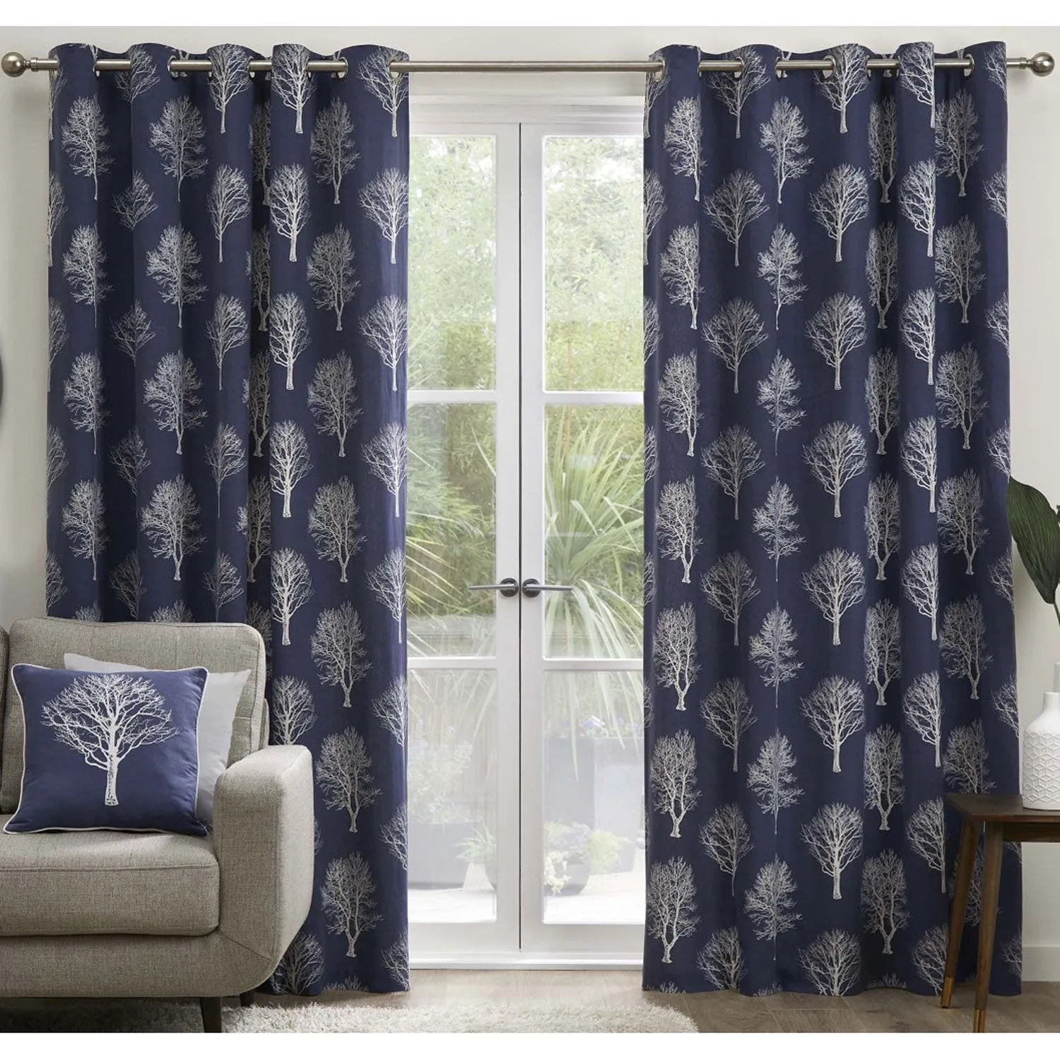 Woodland Trees Eyelet Curtains - Navy